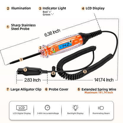 Automotive Test Light Dc 3-60v Light Tester Heavy Duty Auto Ciruit Tester Electric Test Pen Orange